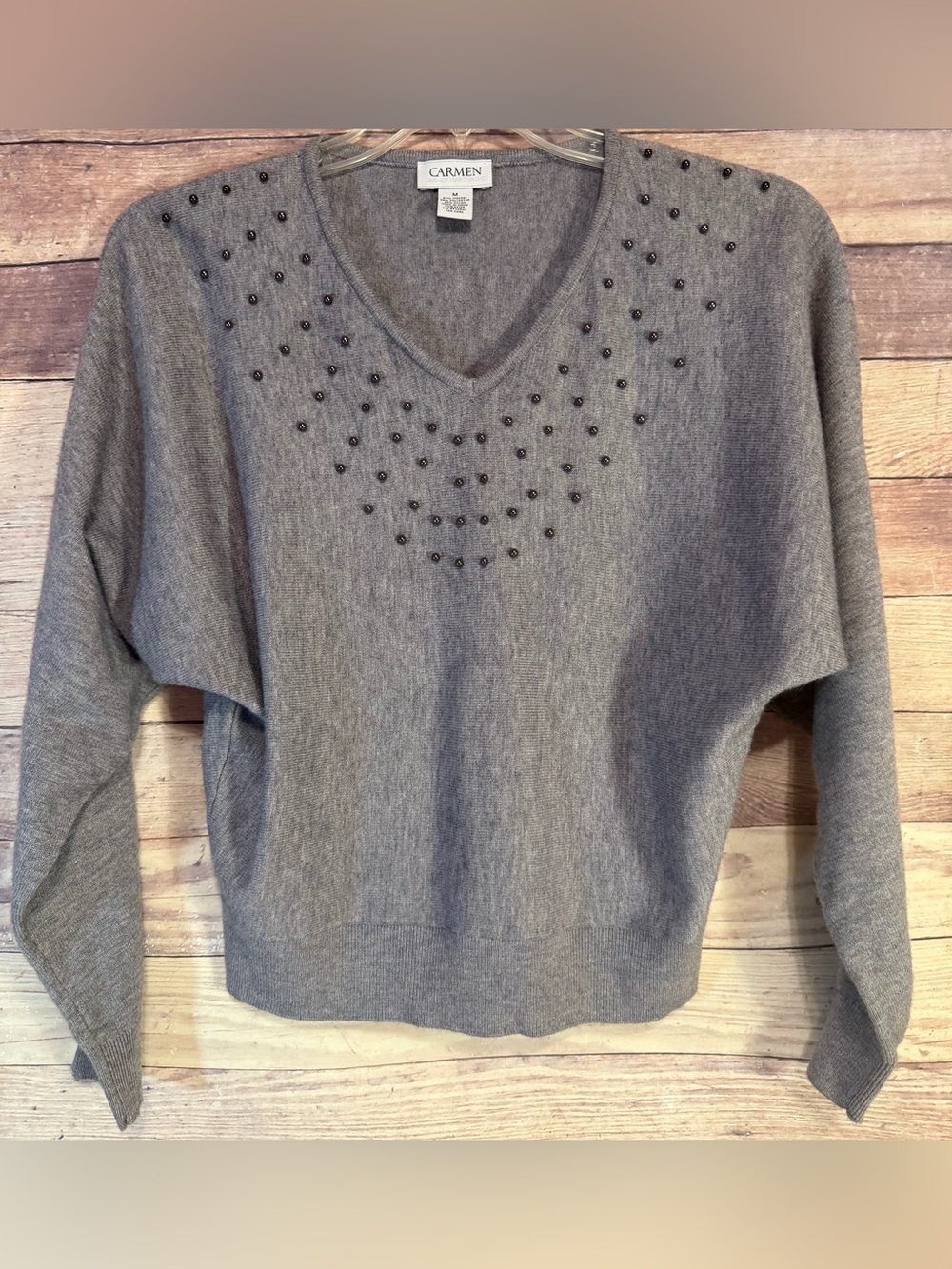 Carmen Marc Valvo Grey Beaded V-Neck Sweater